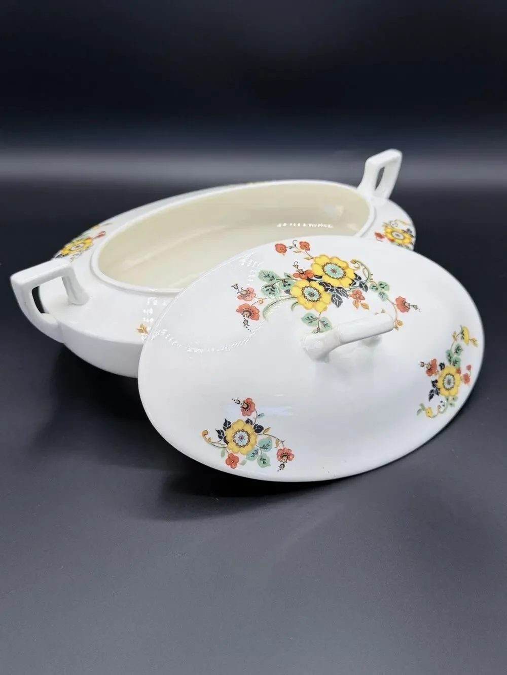 Antique 1920s Edwin M. Knowles Ivory Floral Covered Round Serving Bowl
